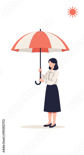 Woman Shielding Herself From Sun With Striped Umbrella