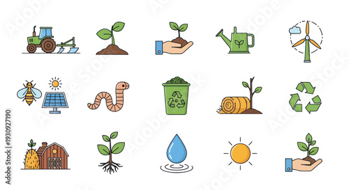 Collection of Flat Icons Representing Agriculture and Environmental Sustainability.