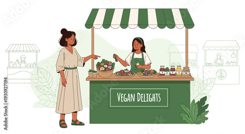Woman Shopping At A Vegan Food Stall, Healthy Food Choices, Fresh Produce Market, Illustrations