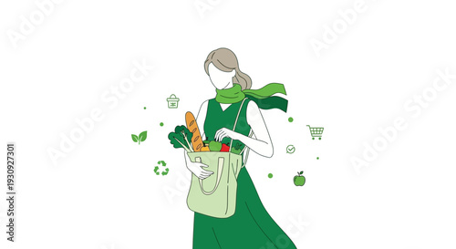 Woman Shopping Sustainably With Eco-Friendly Grocery Bag And Fresh Produce