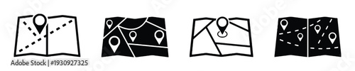 Collection of map icons with location pins and routes for navigation and travel