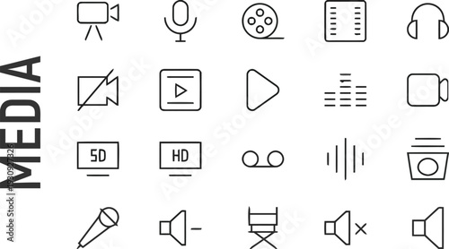 Collection of media and technology icons, including cameras, audio, and video equipment