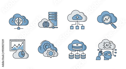 Modern Cloud Computing AI and Data Analytics Technology Icons Collection.