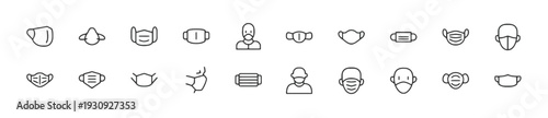 Collection of medical face mask icons, different types of respiratory protection, protection equipment