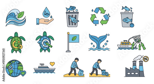 Environmental Icons: Clean Water Recycling Wildlife Protection and Pollution Control.