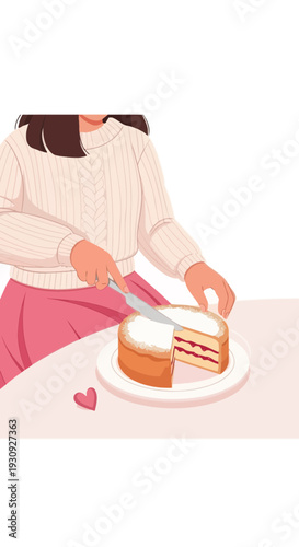 Woman Slicing Delicious Creamy Cake With Jam Filling On Plate