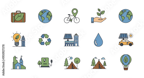 Collection of diverse environmental travel and sustainable living icons in a cartoon style.