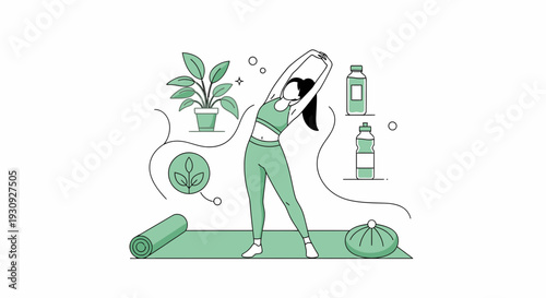 Woman Stretching And Exercising Outdoors, Health and Wellness Concept Illustration