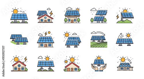 A collection of colorful line art icons depicting solar panels and renewable energy systems.