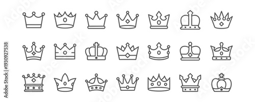 Collection of outline crown icons with various styles for royal themes