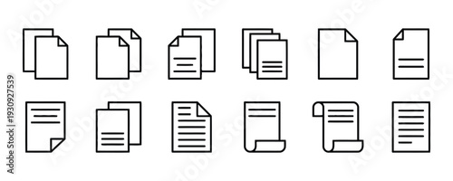 Collection of outline document icons, representing paper pages and files for office work