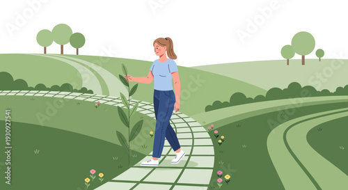 Woman Strolls Down a Picturesque Path Amidst Rolling Green Hills