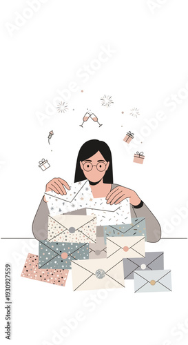 Woman Surrounded by Festive Envelopes and Gifts, Celebrating Special Occasions with Joy