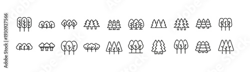 Collection of outline icons depicting various trees and groups of trees for nature and environment themes