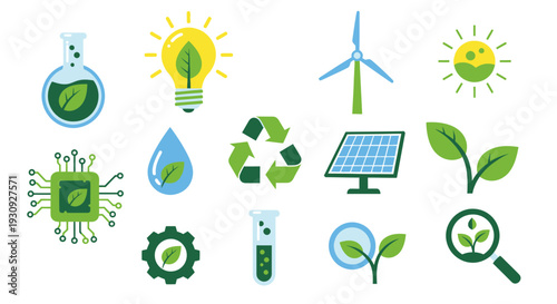 Set of Green Energy and Sustainability Icons with Renewable Technology and Nature Elements.