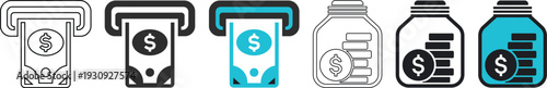 Financial ATM Cash Withdrawal and Money Savings Jar Vector Icon Set for Business and Finance UI