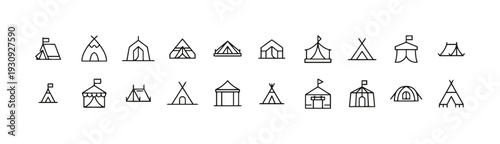 Collection of outline icons representing different types of tents and shelters for camping and outdoor activities
