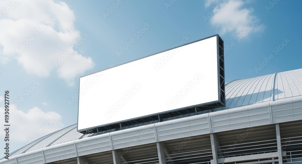 Fototapeta premium Blank billboard on top of a stadium roof under a cloudy sky