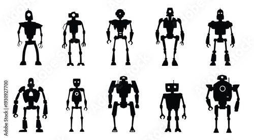 Collection of robot silhouettes, mechanical androids and cyborgs