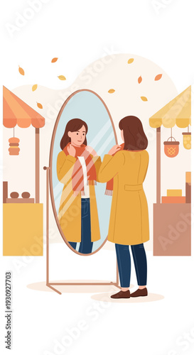 Woman Trying On Scarf At Outdoor Market Stall Display