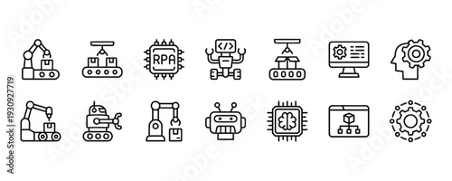 Collection of robotics and artificial intelligence icons, automation technology symbols