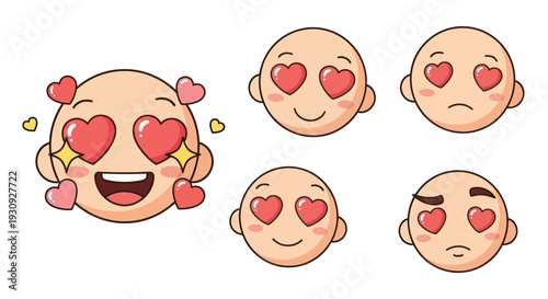 Collection of expressive bald cartoon faces with heart-shaped eyes.