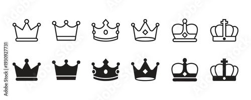 Collection of royal crown icons with different styles and designs representing monarchy and power