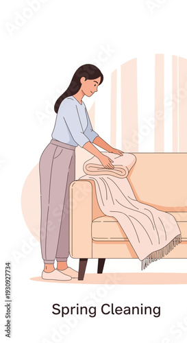 Woman Tidying Up Cozy Sofa With Blanket During Spring Cleaning Season