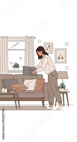 Woman Tidying Living Room Cozy Home Decor Arrangement Minimalist Style