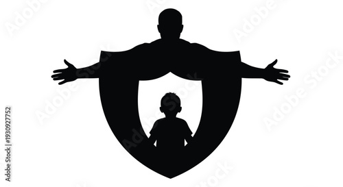 Vector silhouette of a man protecting a child with a shield