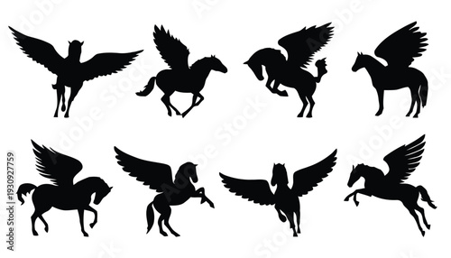Collection of Pegasus mythical creature silhouettes in various poses