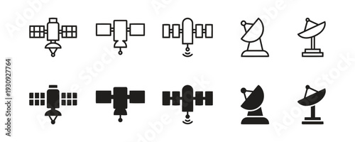 Collection of satellite icons, communication and technology symbols, outline and filled versions