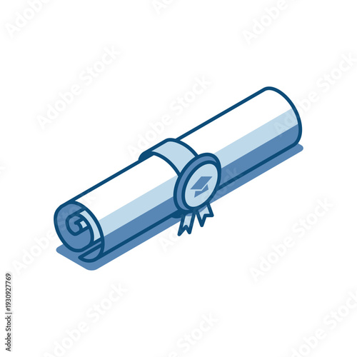 Isometric vector linear icon of a rolled-up diploma with a string and a seal, in color on a white background, a certificate of completion of a bachelor's degree at the university