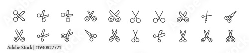 Collection of scissors icons, different types of cutting tools, crafting and tailoring equipment