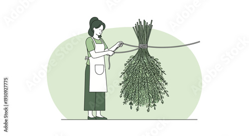 Woman Tying Herbs To Hang For Drying In Minimalist Style