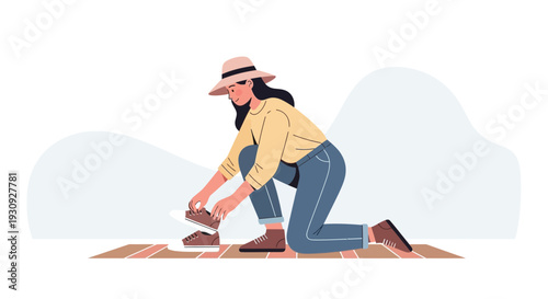 Woman Tying Shoes Outdoors In Casual Style