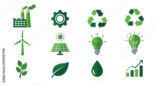 Collection of Green Eco-Friendly Icons Representing Sustainability and Nature.