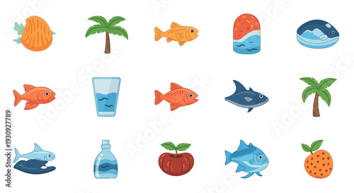 Colorful Cartoon Fish and Marine Life Icons Collection.