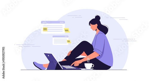 Woman Working From Home Using Laptop, Relaxing and Enjoying Coffee, Modern Flat Illustration