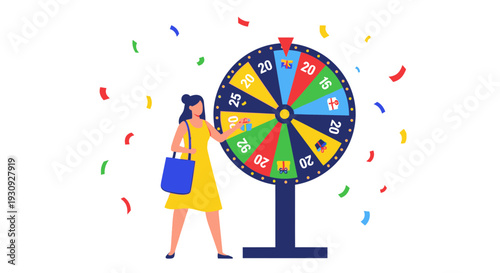 Woman With Shopping Bag Spinning a Fortune Wheel to Get Prizes and Gifts Illustration