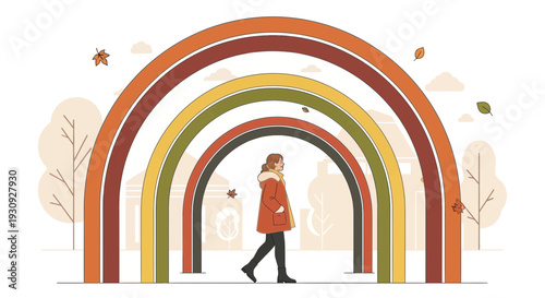 Woman Walks Through Autumn Rainbow Arches Minimalist Style