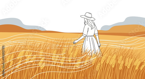Woman Walking Through Golden Wheat Field Harvest Season Rural Landscape