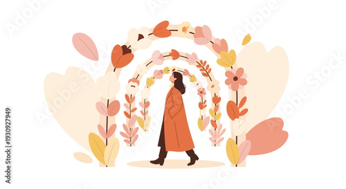 Woman Walks Through Floral Archway Pastel Autumnal Colors