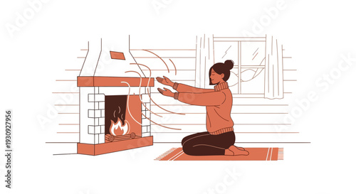 Woman Warms Herself By A Fireplace, Enjoying The Cozy Atmosphere of Home and Relaxation