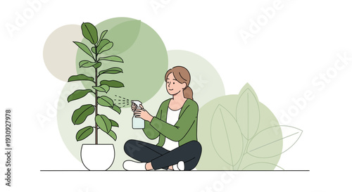 Woman Watering A Ficus Tree Indoor Plant Care And Home Gardening Concept