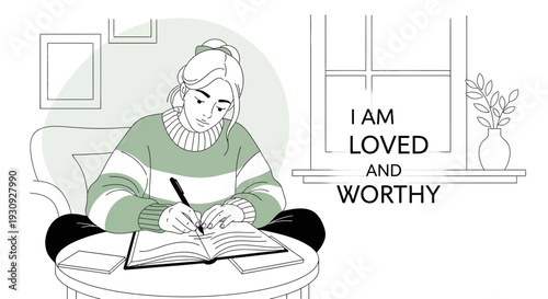 Woman Writing In Her Journal With Positive Affirmation In A Peaceful Setting