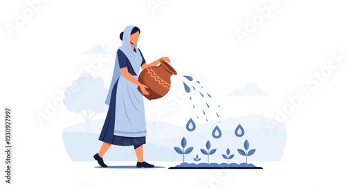 Woman Watering Plants From A Clay Pot