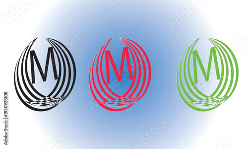 modern letter m logo with dynamic curved lines, abstract m monogram design with circular motion, creative letter m emblem in vibrant colors