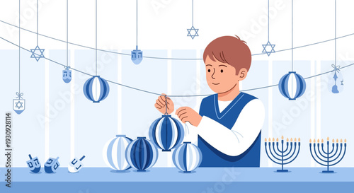 Young Boy Adorning Festive Decorations in Preparation for Hanukkah Celebration