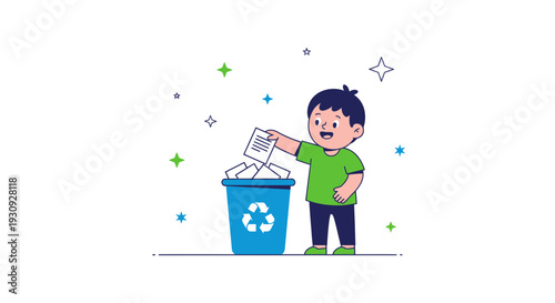 Young Boy Actively Recycling Paper in a Blue Bin Demonstrating Environmental Consciousness